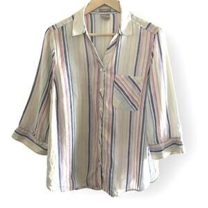 Chico's Women's Sz. 2 No Iron 100% Linen Striped Pastel Casual Button Down Shirt
